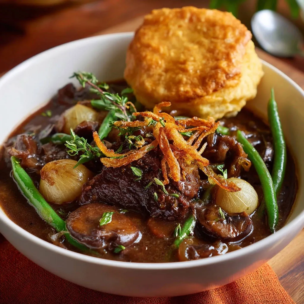 Ultimate hearty beef stew with biscuit topping and velvety gravy, showcasing a close-up detail of the rich stew.