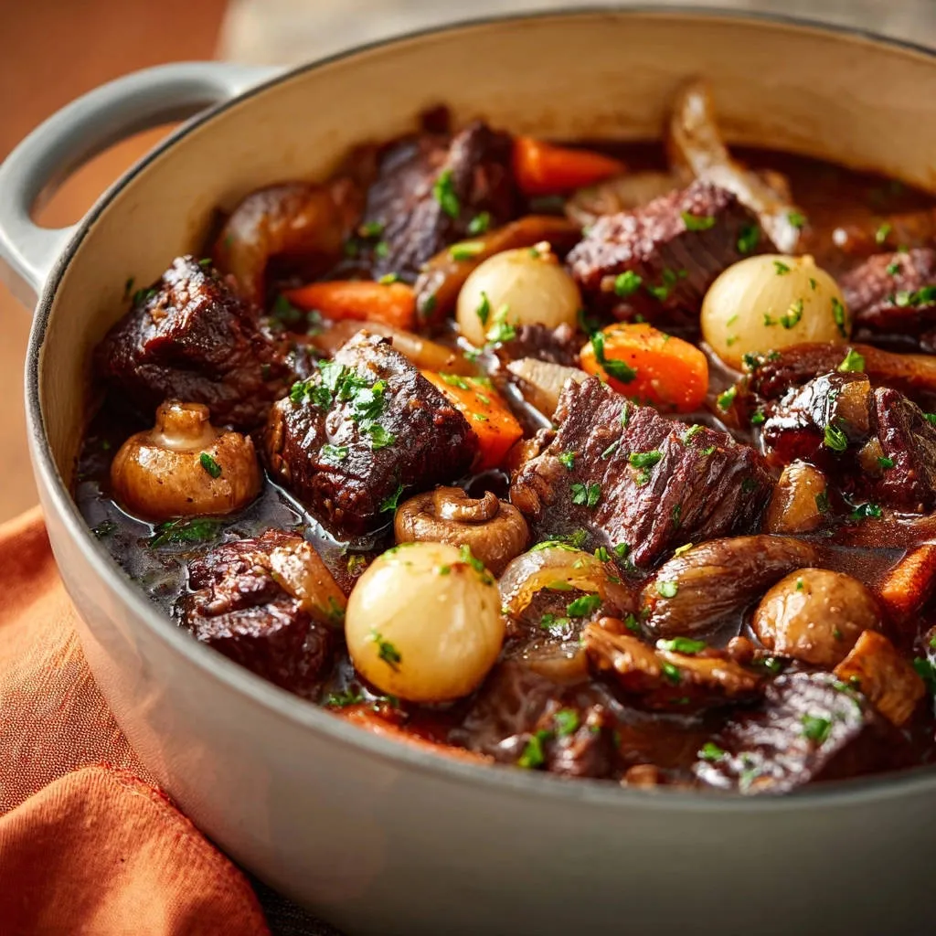 Hearty beef stew with carrots, onions, and mushrooms simmering in a dutch oven, garnished with parsley.