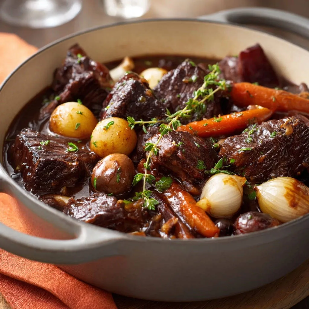 Hearty beef stew with tender meat, carrots, and potatoes simmering in a cast iron Dutch oven.