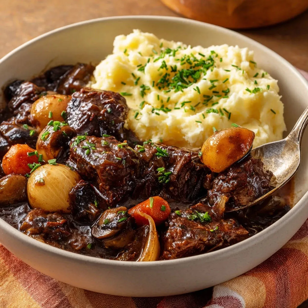 Hearty beef stew with creamy mashed potatoes served in a bowl with a spoon lifting a piece of beef.