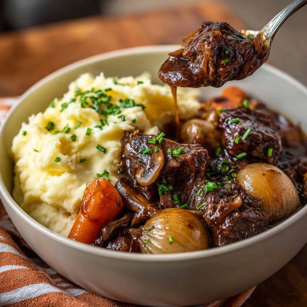 Hearty beef stew with a spoonful of rich sauce being drizzled over the dish, served with mashed potatoes.