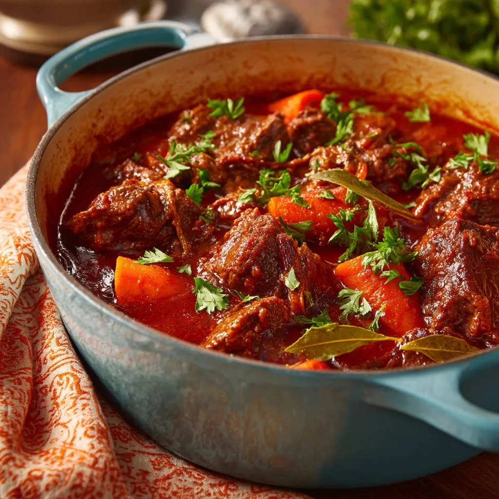 Hearty braised beef stew shown in a close-up view, simmering in a light blue Dutch oven with carrots and fresh parsley garnish.