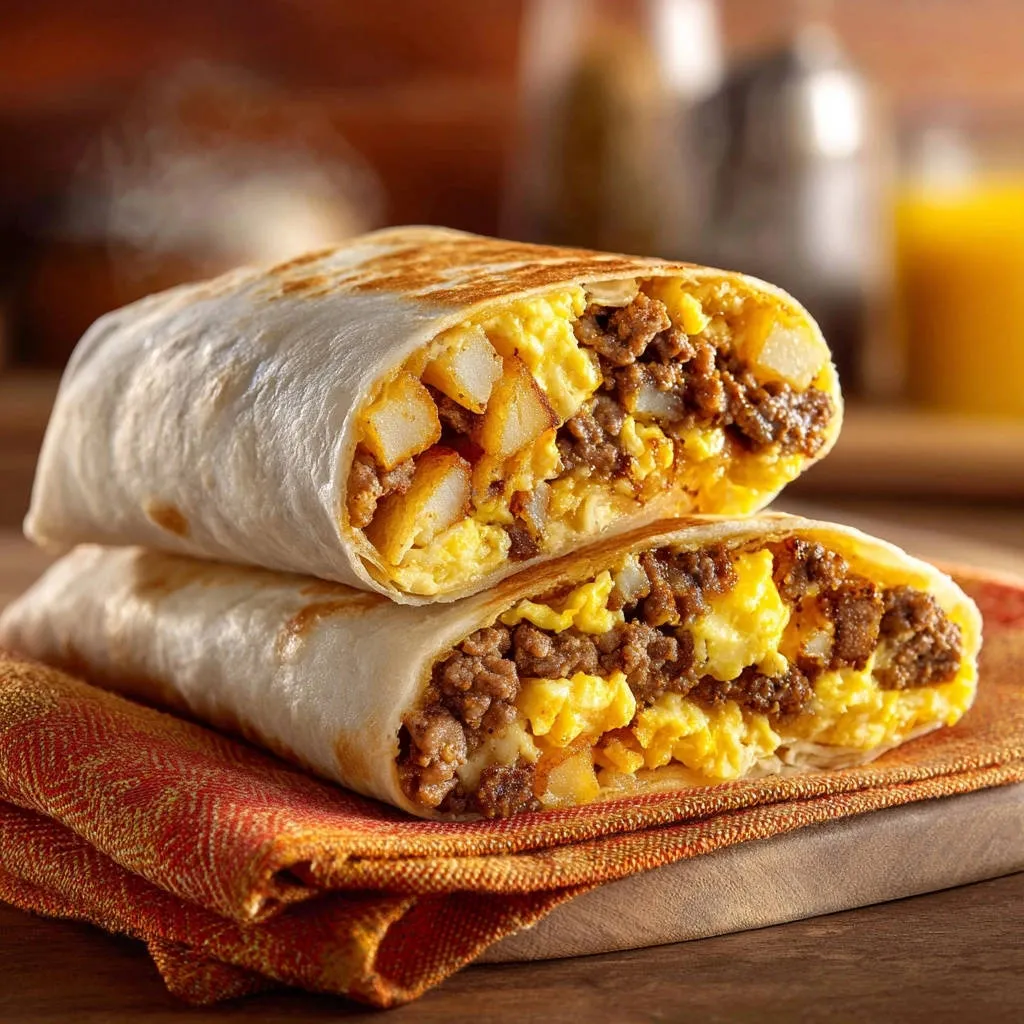 Ultimate hearty breakfast burritos shown in a cross-section revealing fluffy scrambled eggs, seasoned ground meat, and diced potatoes inside.