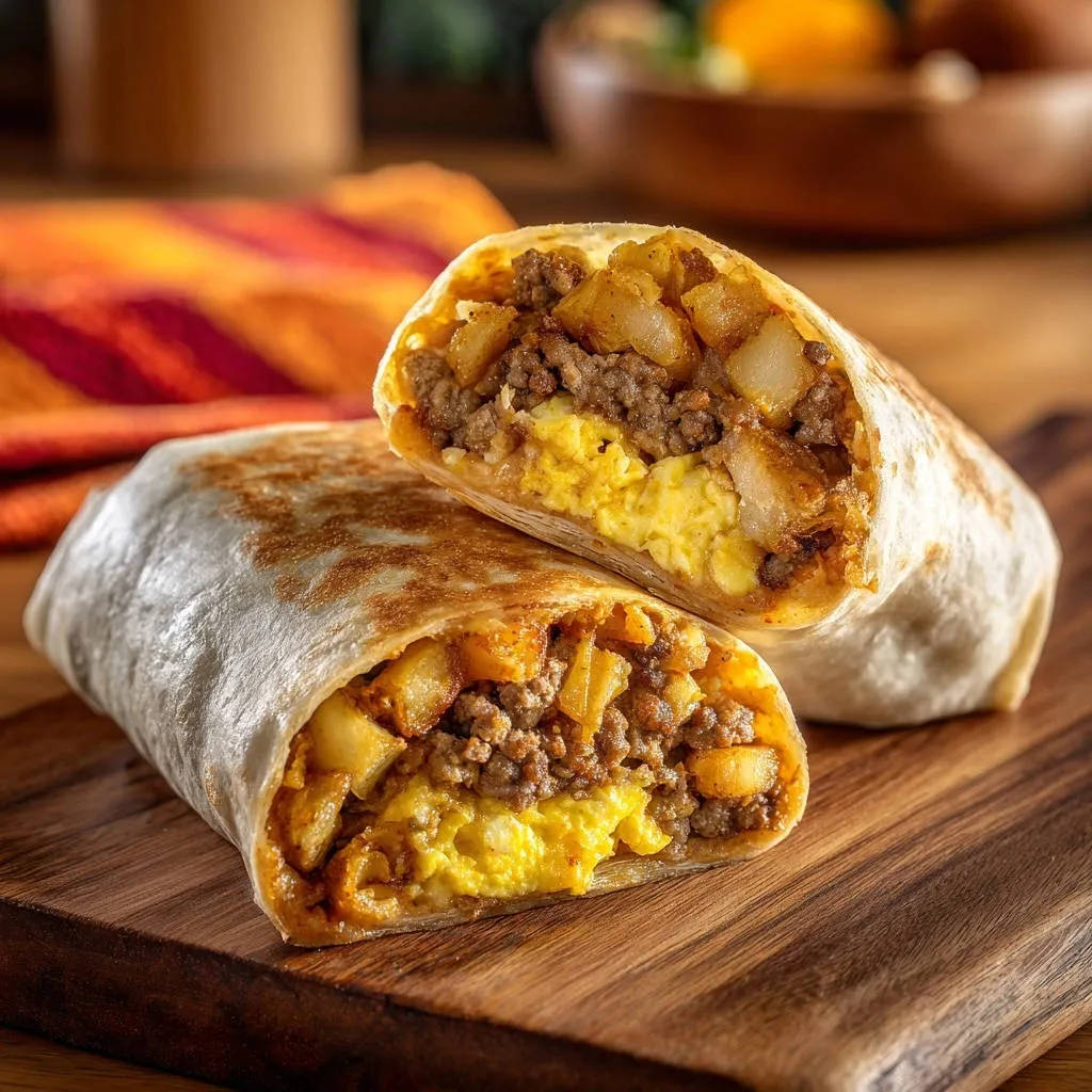 Ultimate hearty breakfast burritos shown in a cross-section view, revealing fluffy eggs, savory meat, and potatoes.