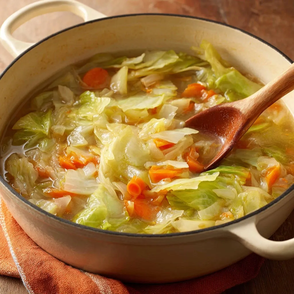 Hearty cabbage and carrot soup in a pot, with a wooden spoon scooping a portion.