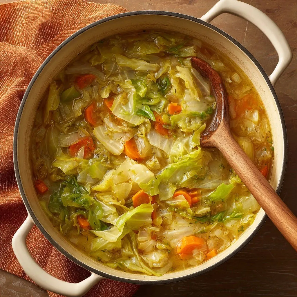 Hearty cabbage and carrot soup in a Dutch oven, shown from a top-down view with a wooden spoon.