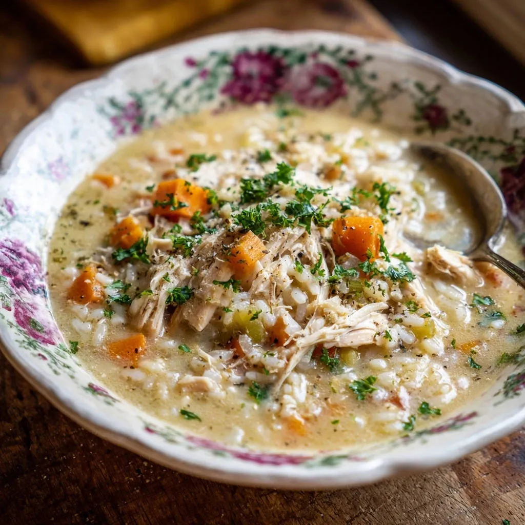 Hearty chicken and rice soup in a floral bowl, showcasing shredded chicken, rice, and carrots with parsley garnish.