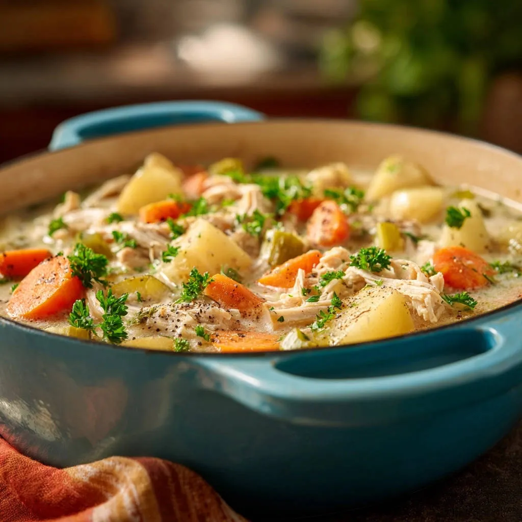 Hearty chicken & veggie stew shown in a blue Dutch oven, featuring tender chicken, carrots, potatoes, and parsley garnish.