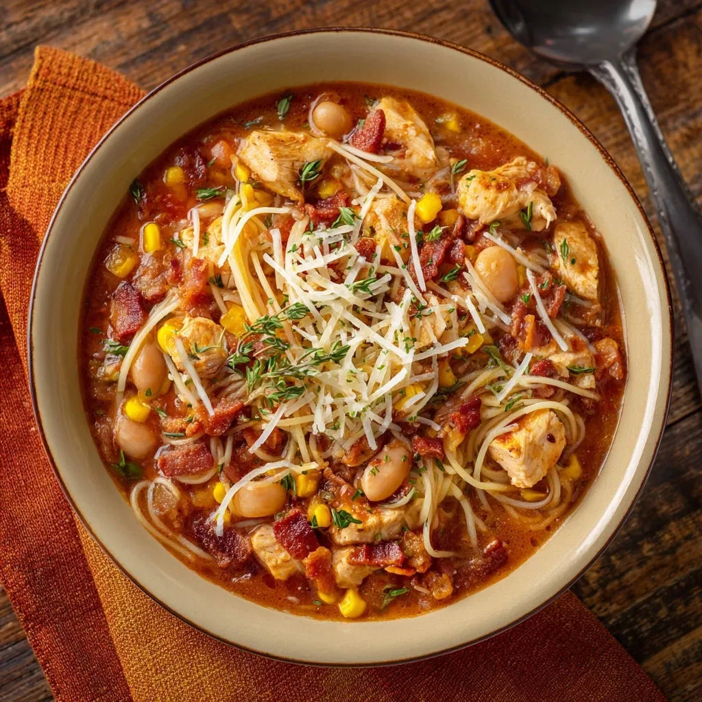 Hearty chicken and white bean stew with spaghetti, garnished with shredded cheese and fresh herbs.