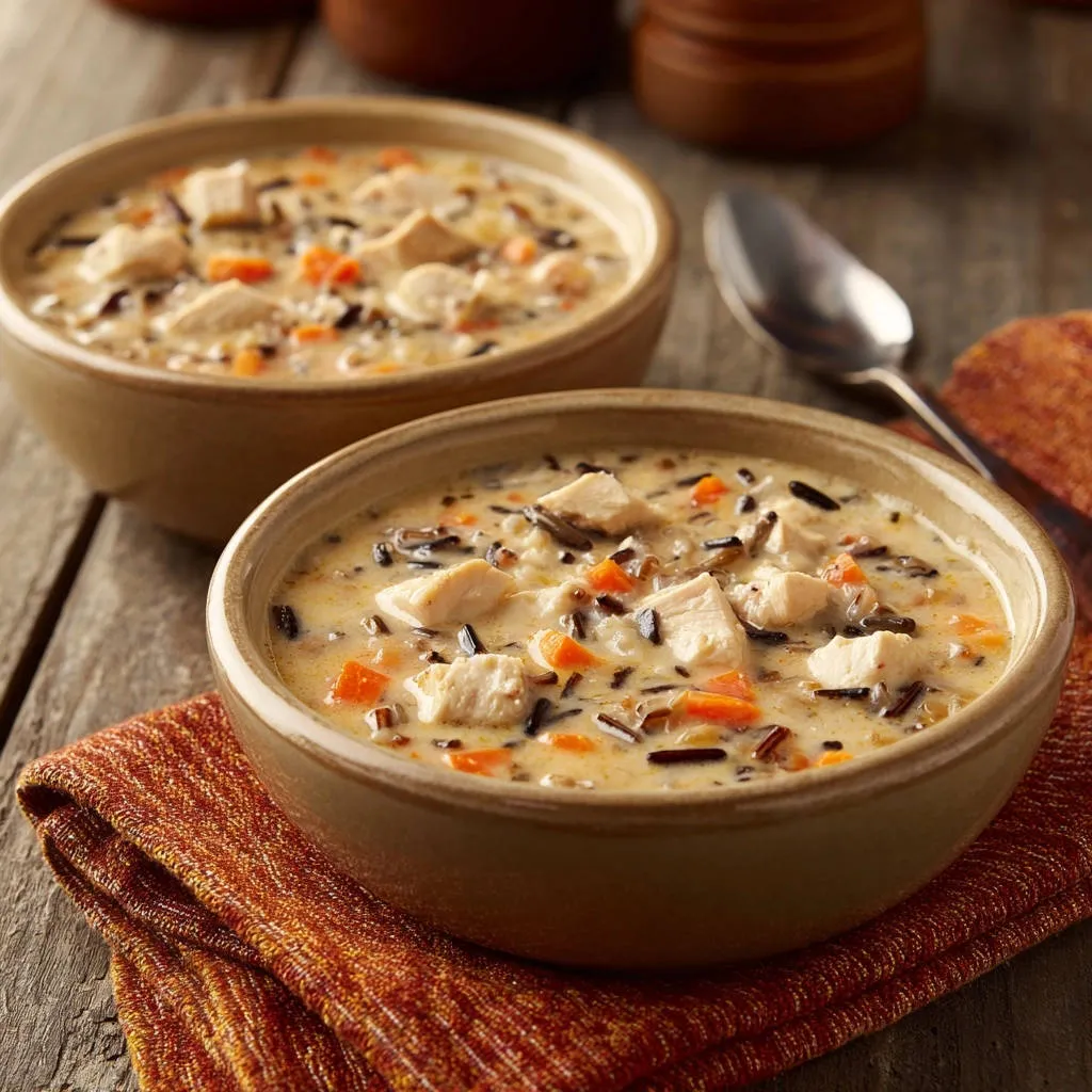 Hearty chicken and wild rice soup served in two rustic bowls on a wooden table, showcasing creamy texture and ingredients.