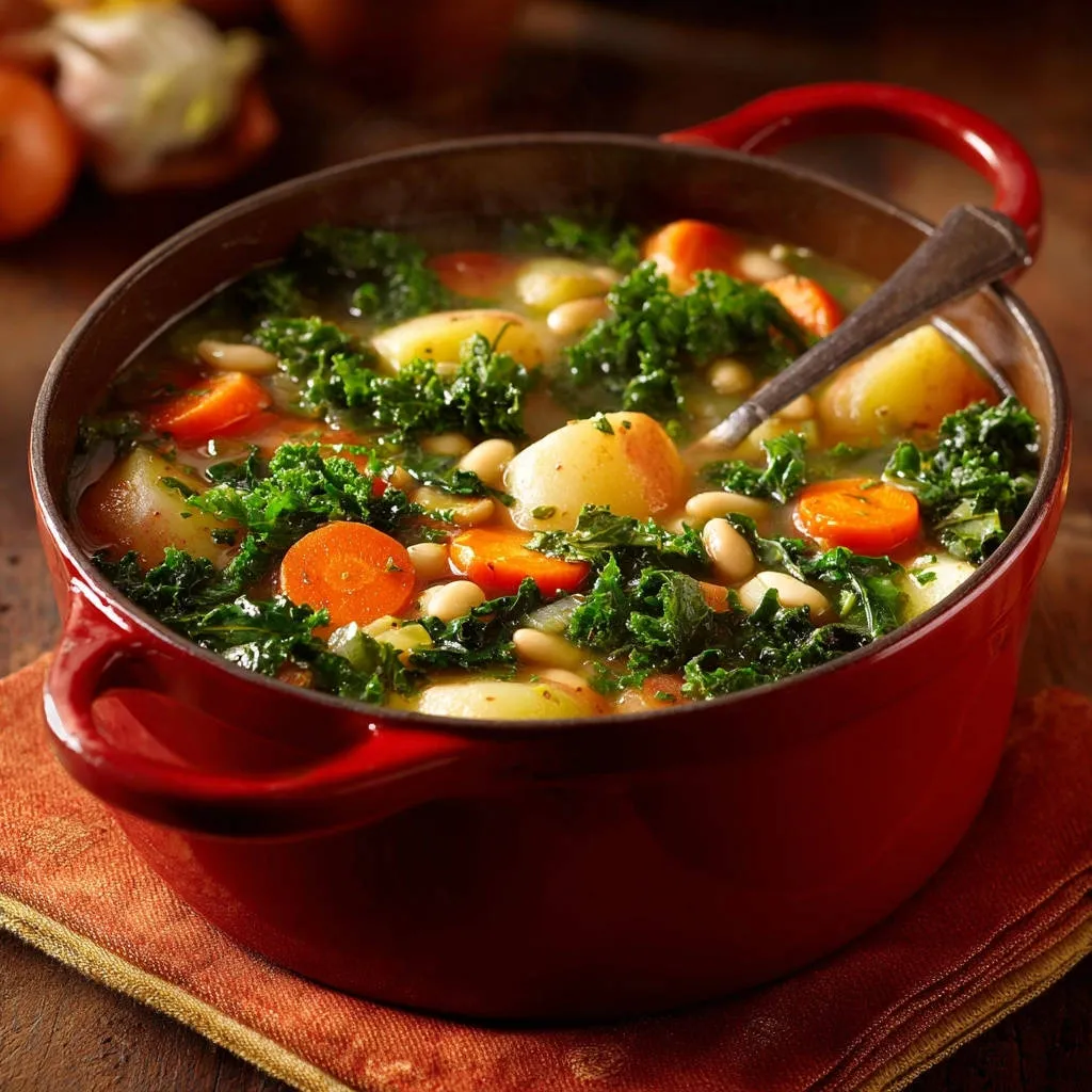 Hearty kale and white bean soup served in a red Dutch oven, showing a close-up view of the vegetables and broth.