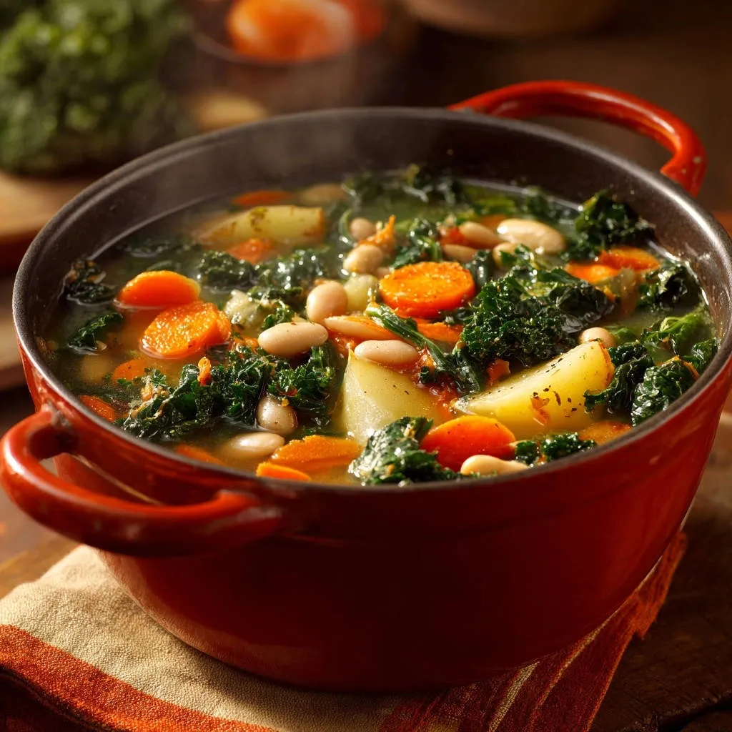 Hearty kale and white bean soup steaming in a red Dutch oven, showcasing carrots, potatoes, and beans.