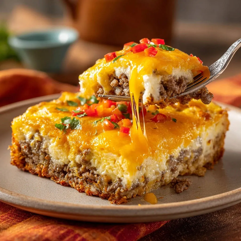 Hearty layered breakfast bake being lifted by a fork, showing a cheesy melt and layers.