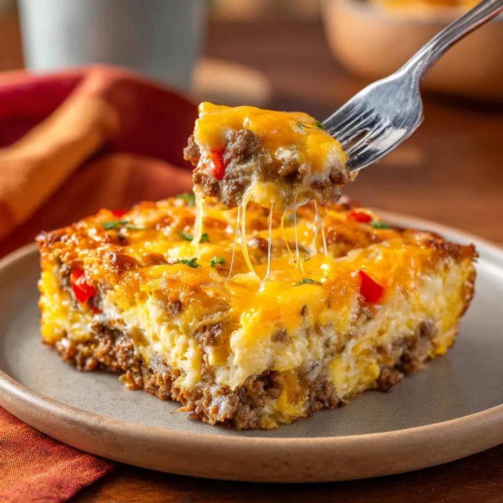 Hearty layered breakfast bake with a fork lifting a cheesy, fluffy slice revealing its interior layers.