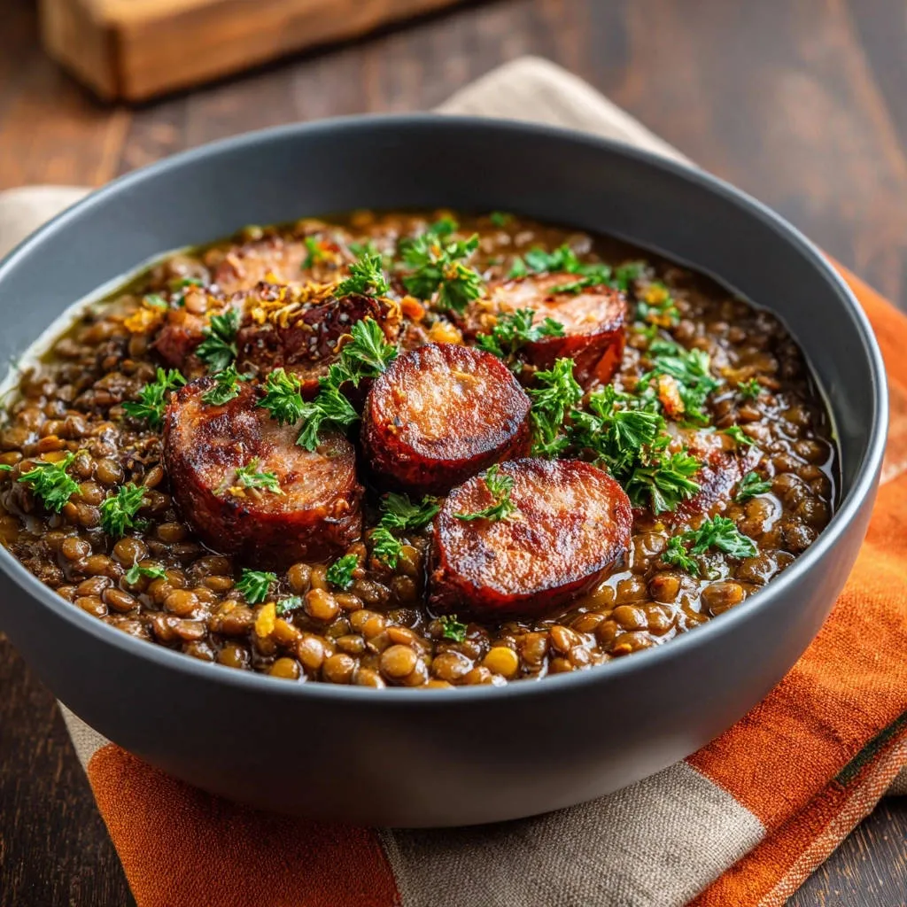 Hearty lentil stew with smoked sausage, showcasing thick slices of sausage and a fresh parsley garnish in a close-up view.
