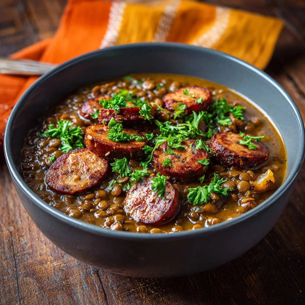 Hearty lentil stew with smoked sausage and parsley, served in a dark bowl with a close-up view.