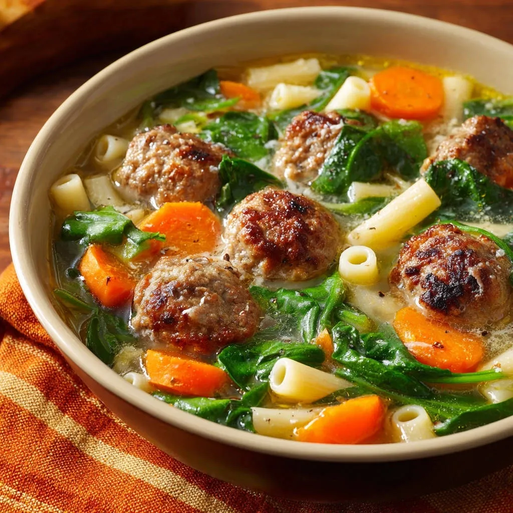 Hearty meatball and pasta soup in a bowl, featuring meatballs, spinach, carrots, and ditalini pasta.