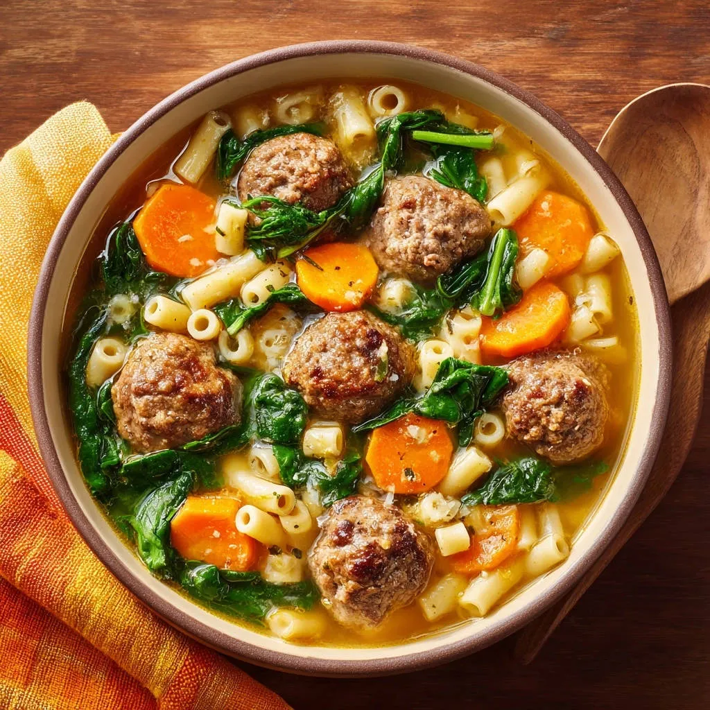 Hearty meatball and pasta soup served in a rustic bowl, viewed from directly above.
