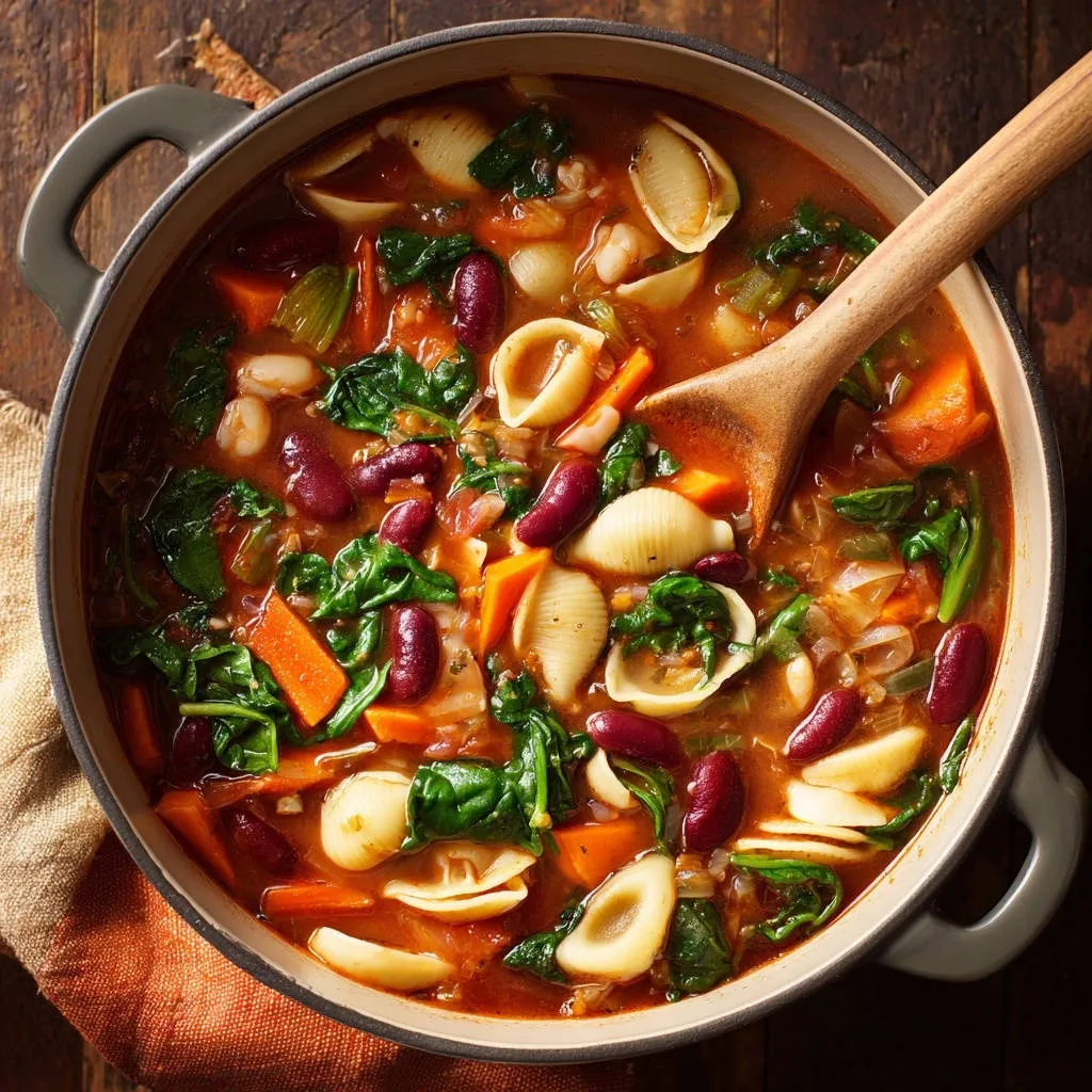 Hearty minestrone-style soup served in a Dutch oven with a wooden spoon, showcasing pasta shells and vegetables.