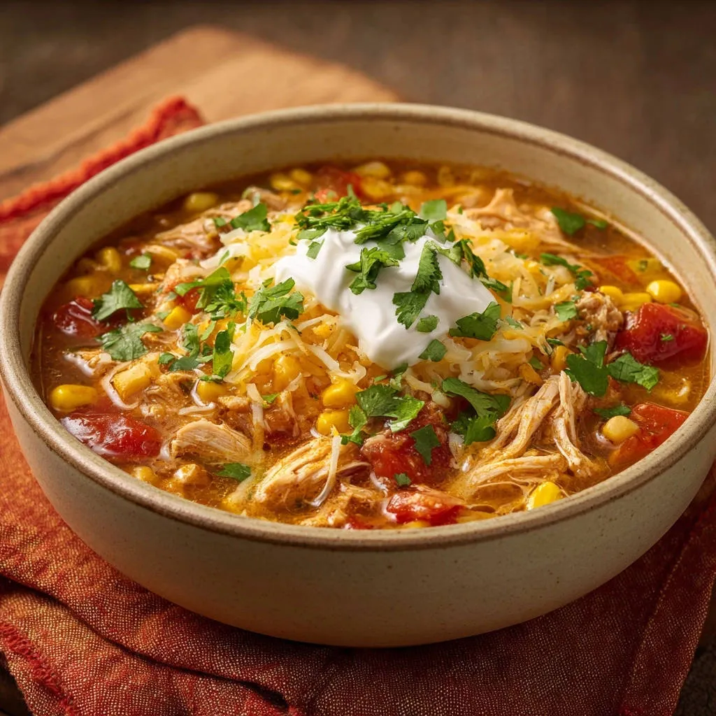Hearty shredded chicken soup with a dollop of sour cream and fresh cilantro garnish in a bowl.