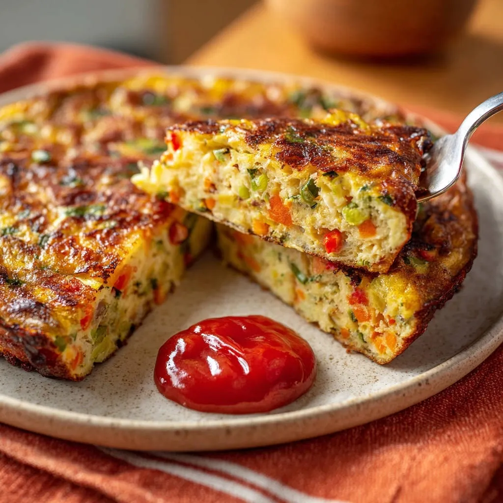 Hearty veggie frittata shown in a cross-section slice being lifted with a fork, revealing its fluffy interior and colorful vegetables.