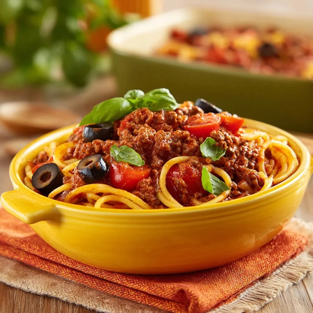 Hearty weeknight spaghetti sauce served in a bright yellow bowl, garnished with fresh basil, olives, and cherry tomatoes.