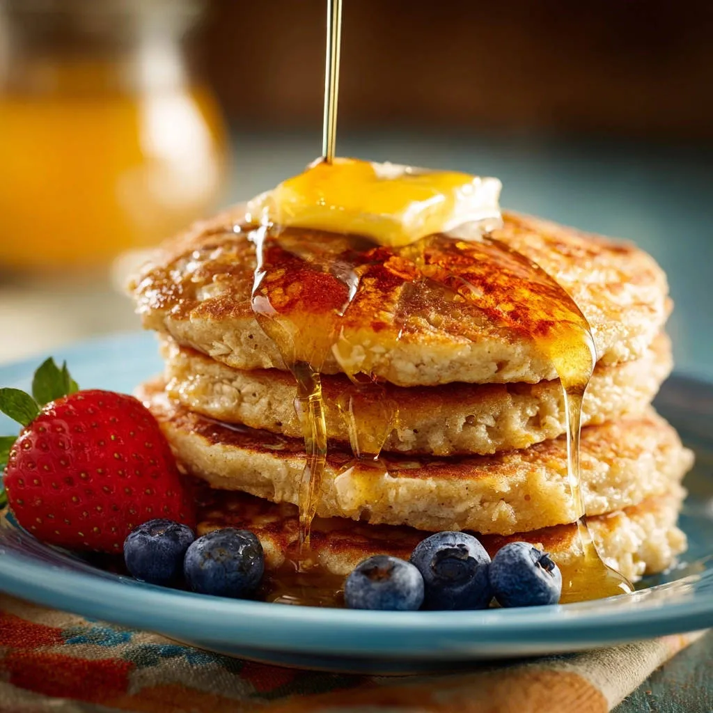 Hearty whole grain pancakes stacked high, drizzled with golden maple syrup and topped with butter.