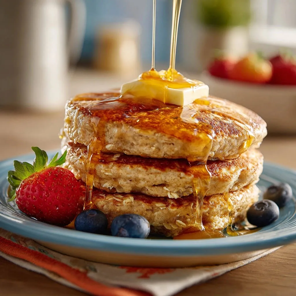Hearty whole grain pancakes are topped with melting butter and a rich syrup drizzle, served with fresh berries.