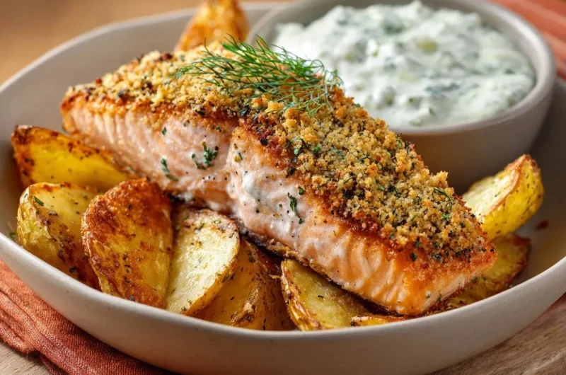 Herb-Crusted Salmon and Garlic Roast Potatoes