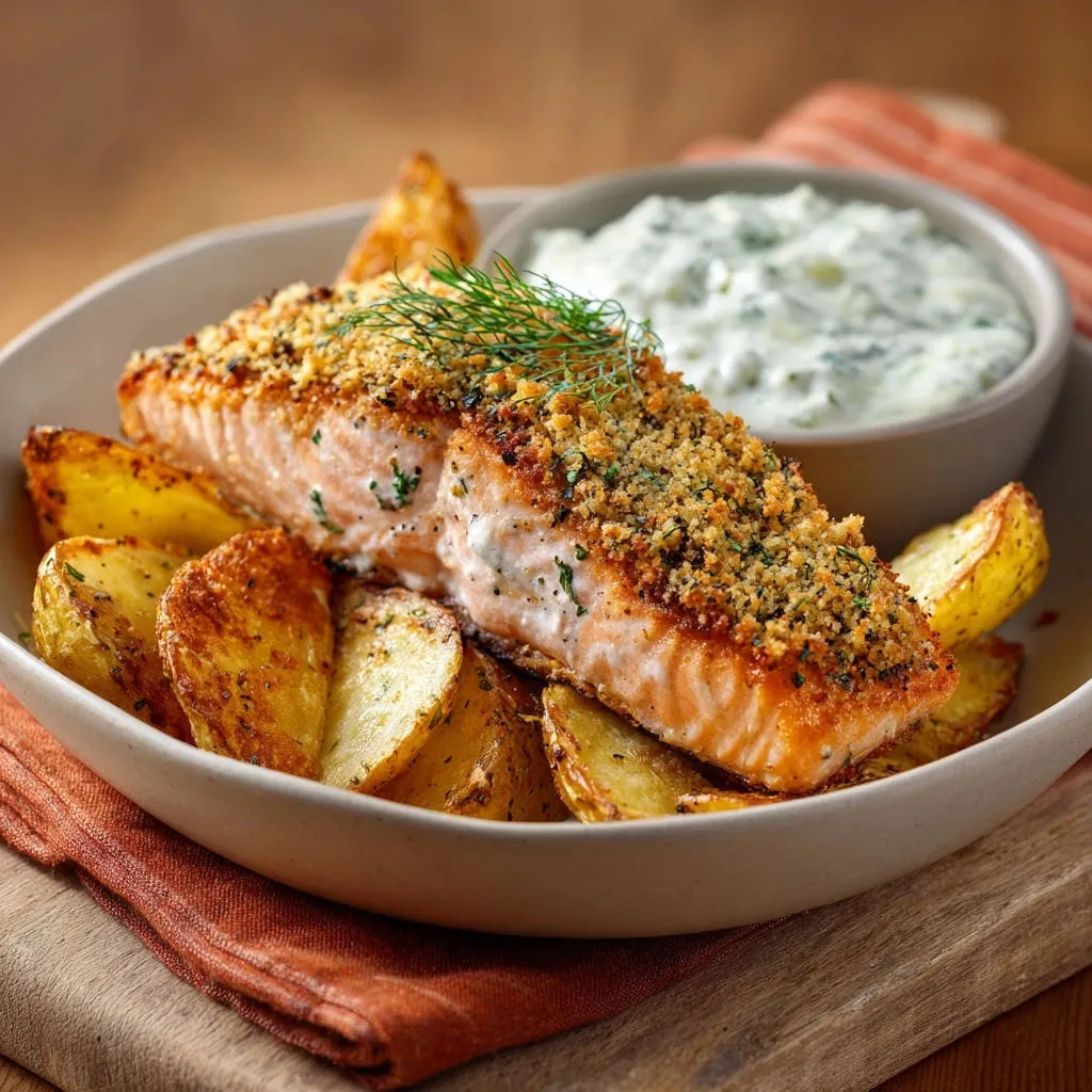 Herb-crusted salmon and garlic roast potatoes served with a creamy dip, shown in a side-view close-up.