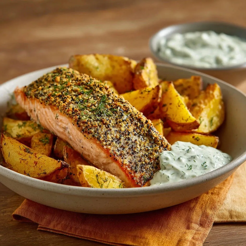 Herb-crusted salmon and garlic roast potatoes served in a bowl with a side of dill dip.
