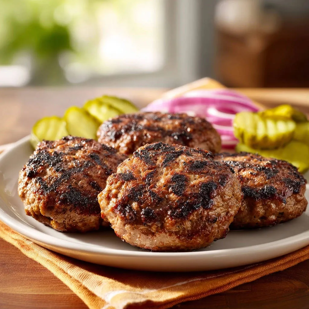 Homemade juicy meat patties plated with dill pickles and red onion rings, showcasing their grilled texture.