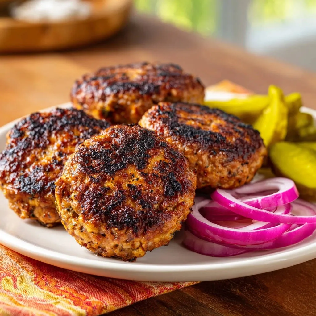 Homemade juicy meat patties plated with sliced red onions and pickles on the side.