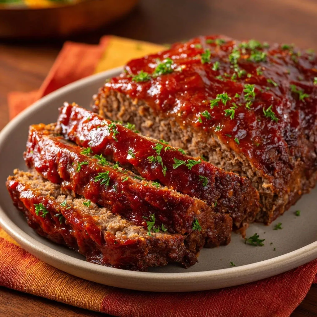 Homestyle glazed meatloaf, sliced and presented in a close-up view, showcasing its moist texture and rich glaze.