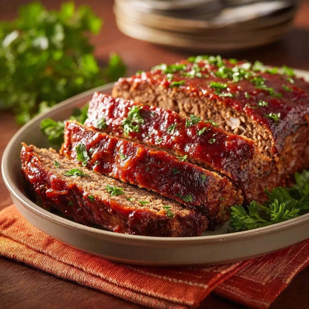 Homestyle glazed meatloaf, sliced and garnished with fresh parsley and a glistening glaze.