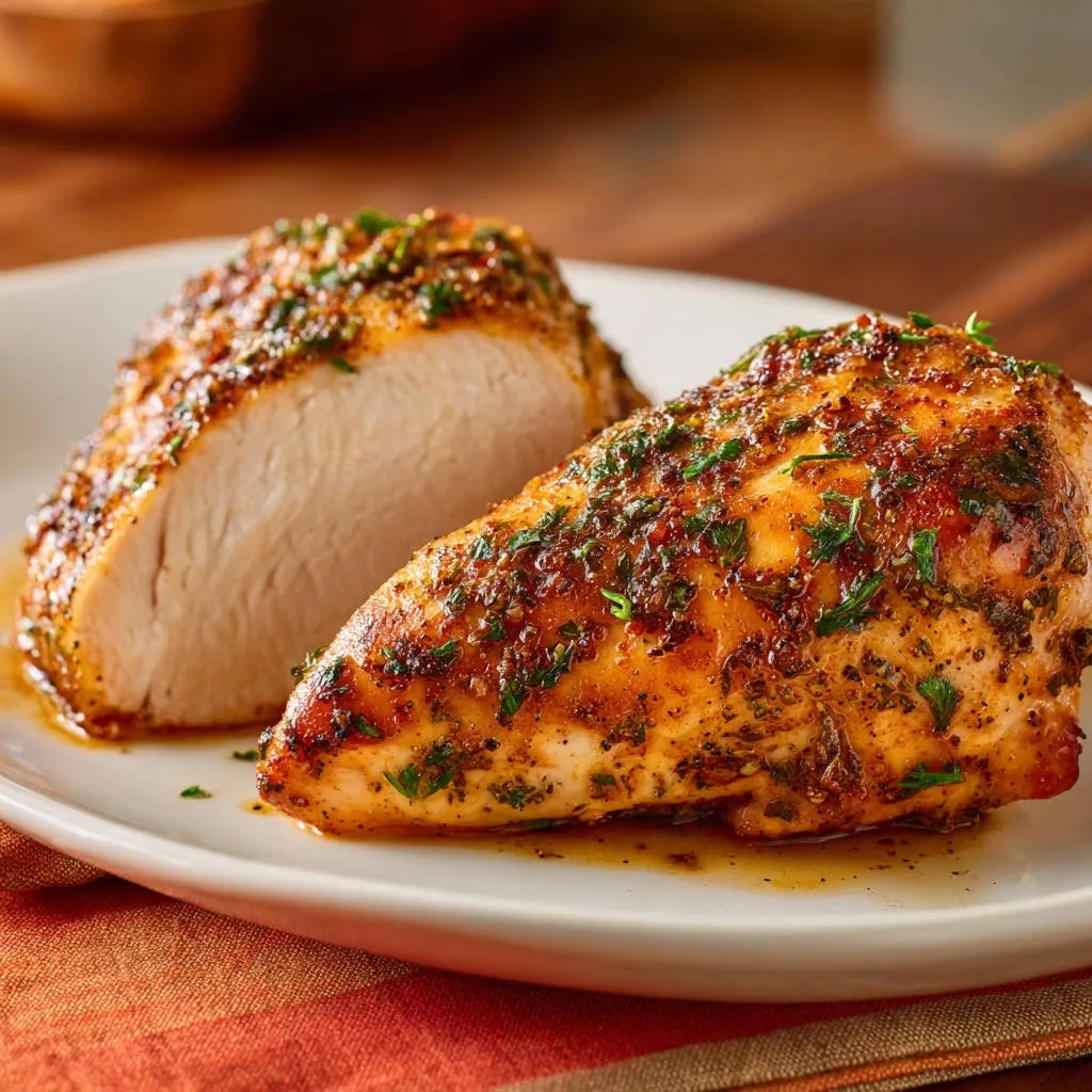 Honey garlic herb chicken breast shown in a close-up cross-section revealing its juicy interior and herb-crusted exterior.