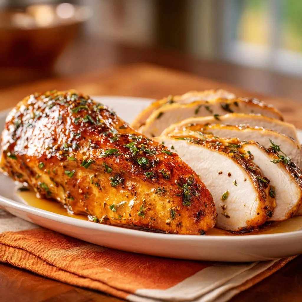 Honey garlic herb chicken breast, sliced to reveal its juicy interior and glistening honey garlic glaze.