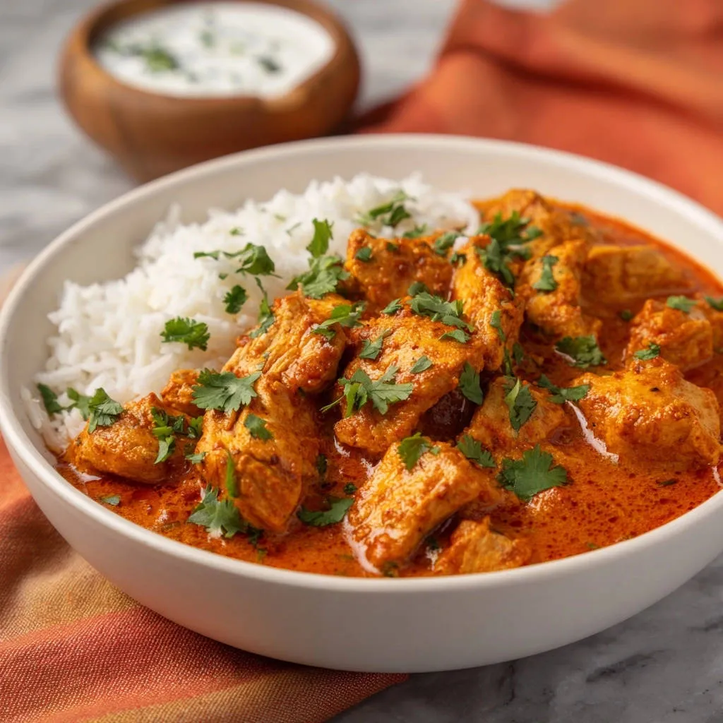 Creamy Indian-inspired chicken curry served in a white bowl with fluffy rice and fresh cilantro garnish.