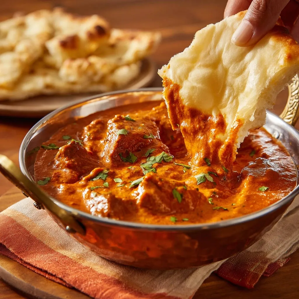 Classic Indian-style creamy curry with naan bread being dipped into the rich, velvety sauce.