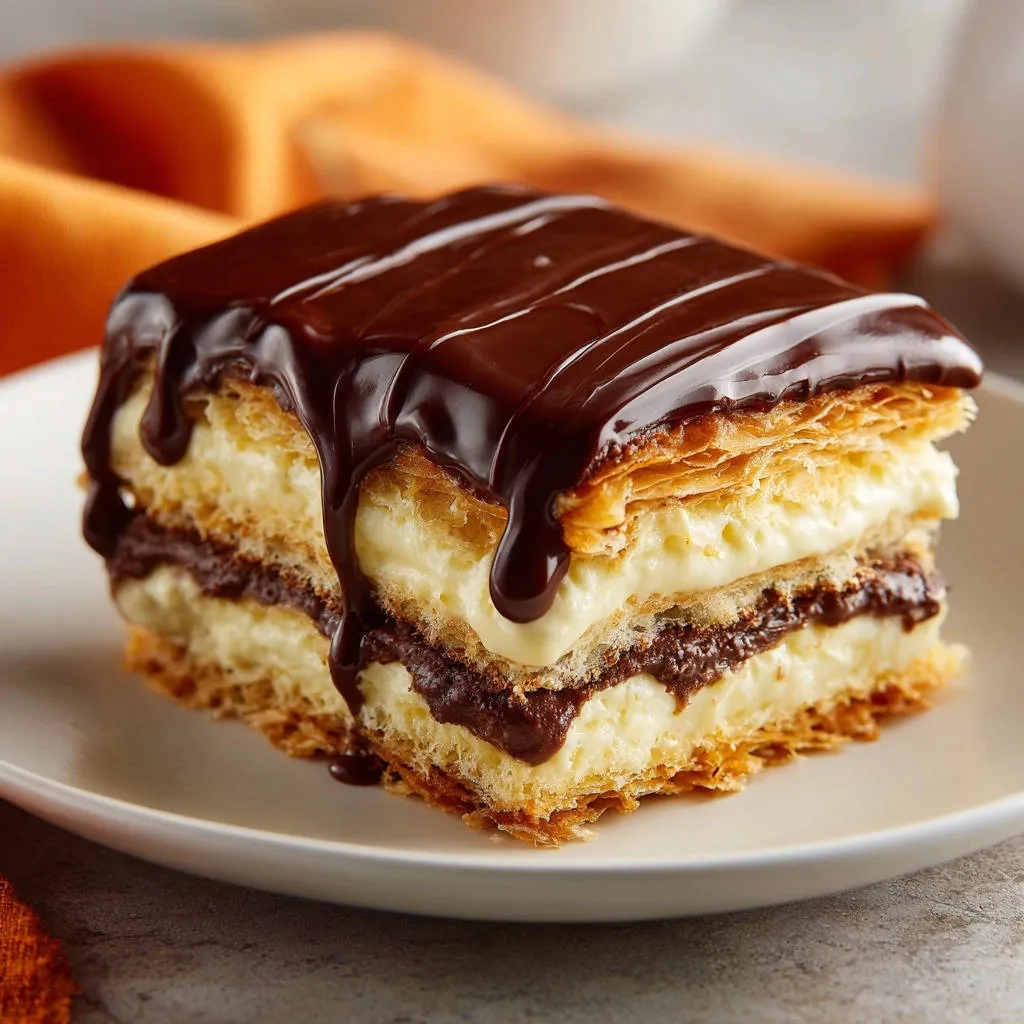 Layered chocolate vanilla cream square cross-section with rich chocolate glaze dripping over flaky pastry layers.