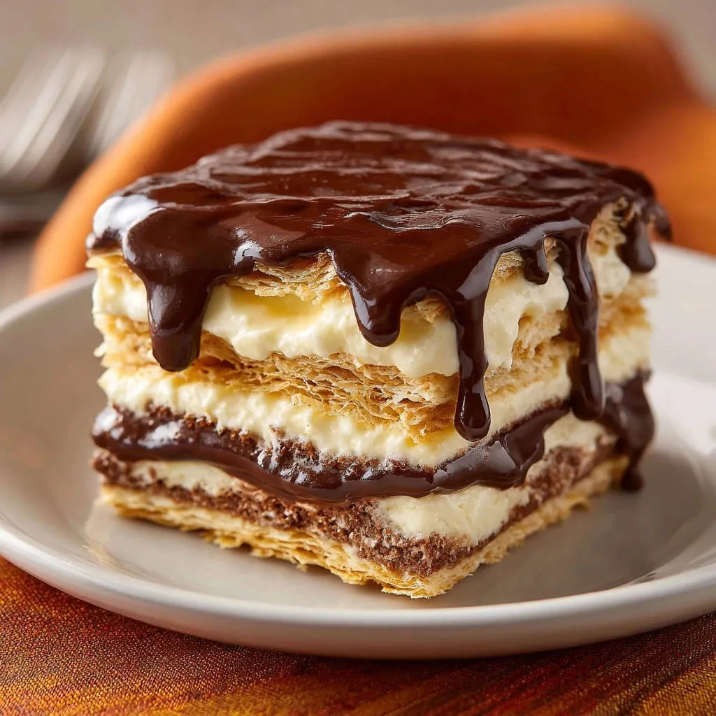 Layered Chocolate Vanilla Cream Square with rich ganache dripping down the sides, showcasing its flaky pastry and creamy filling.