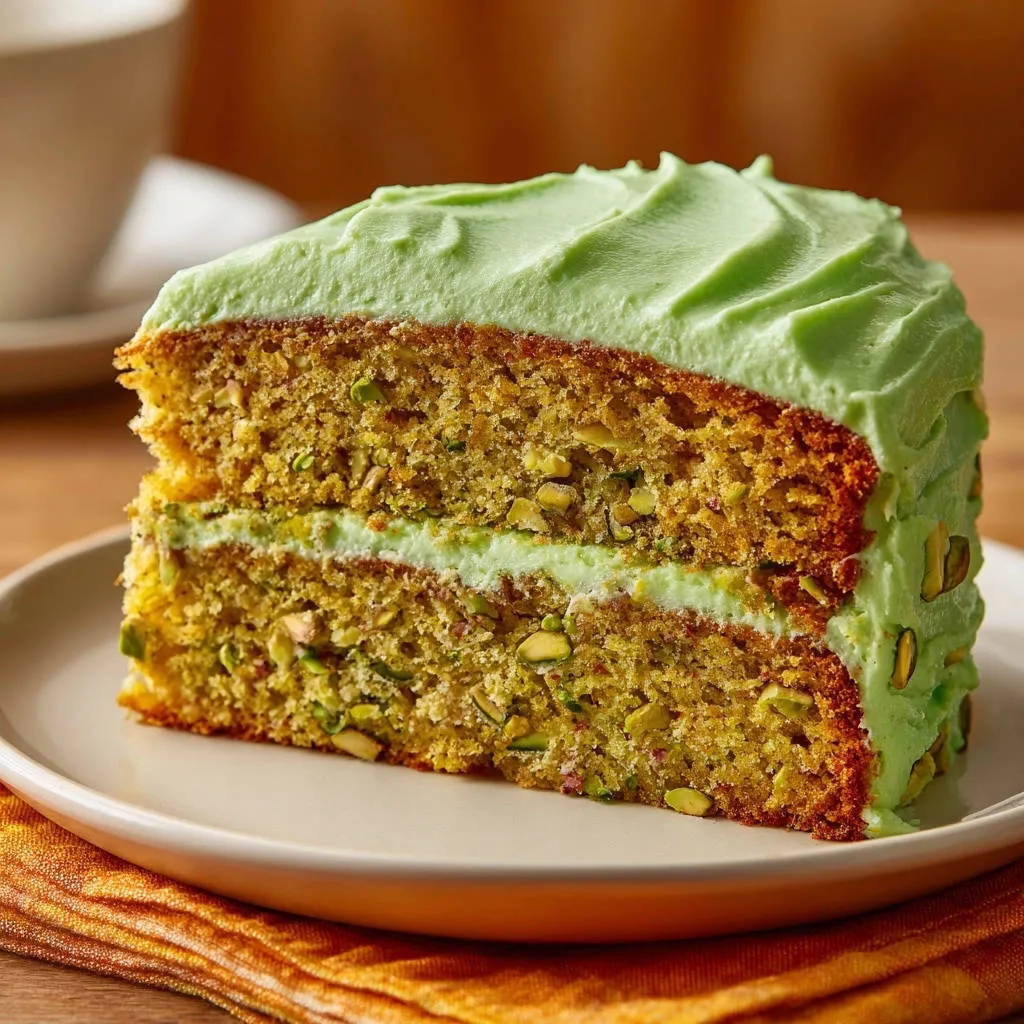 Layered pistachio cake cross-section slice showing the moist crumb and green frosting.