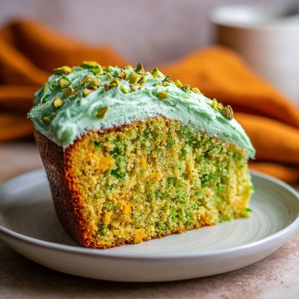 Layered pistachio cake shown in a cross-section with vibrant green frosting and chopped pistachios on top.
