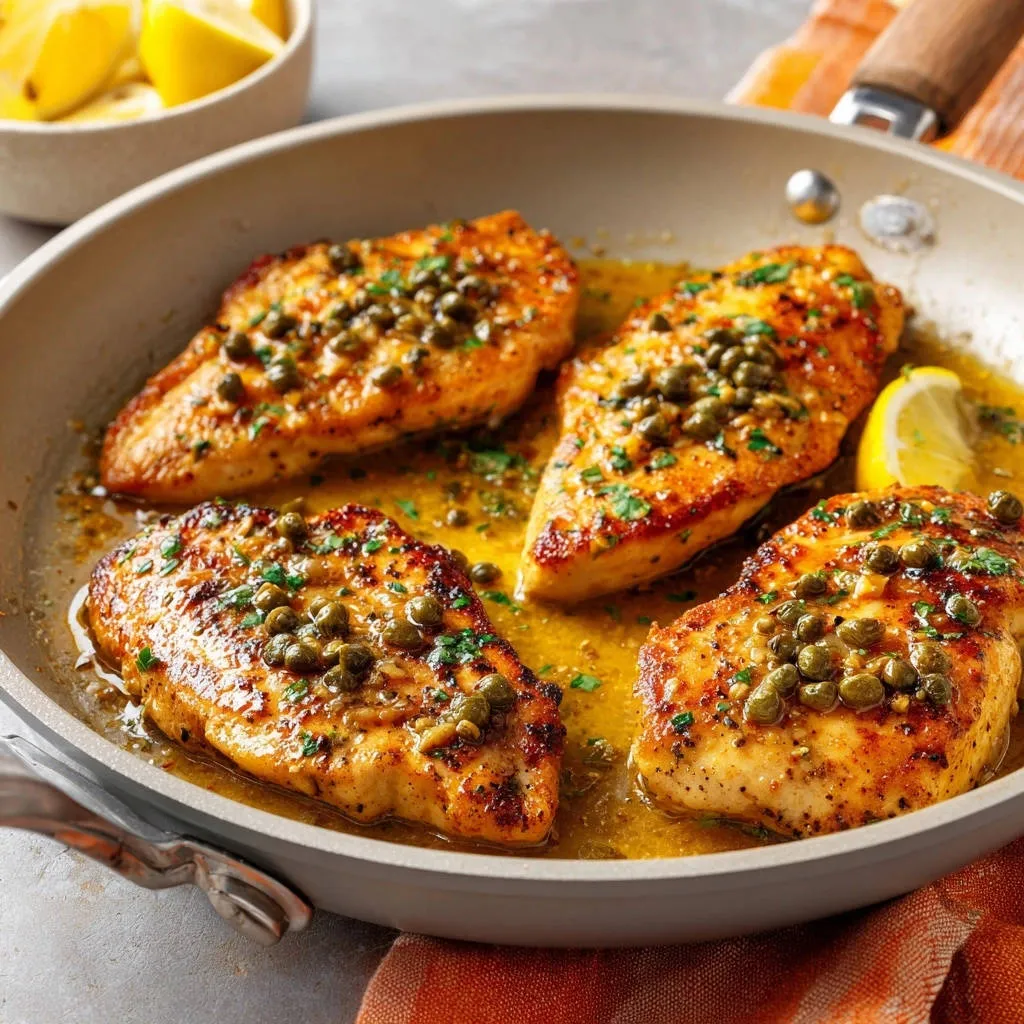 Lemon caper chicken piccata served in a skillet, glistening with sauce and garnished with capers and parsley.