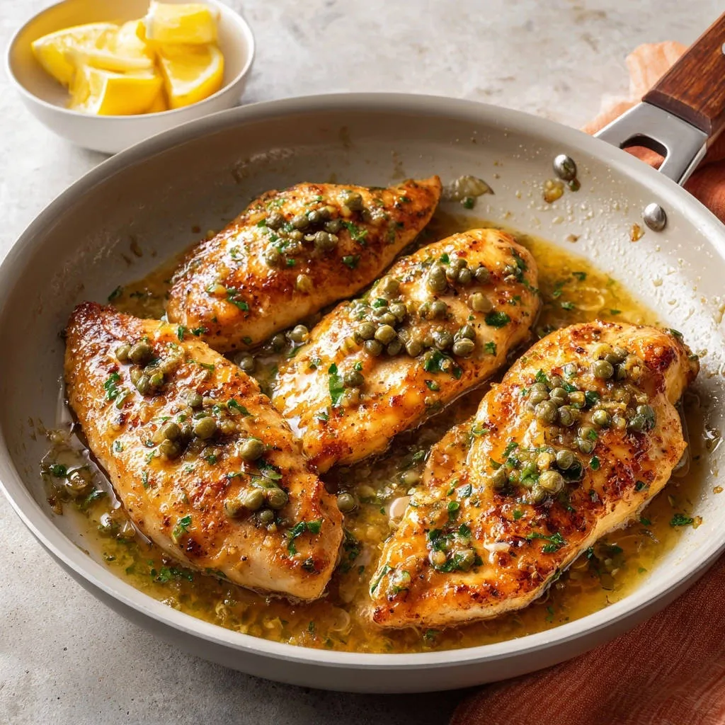 Lemon caper chicken piccata served in a skillet with a lemon wedge garnish and a bowl of lemon slices in the background.
