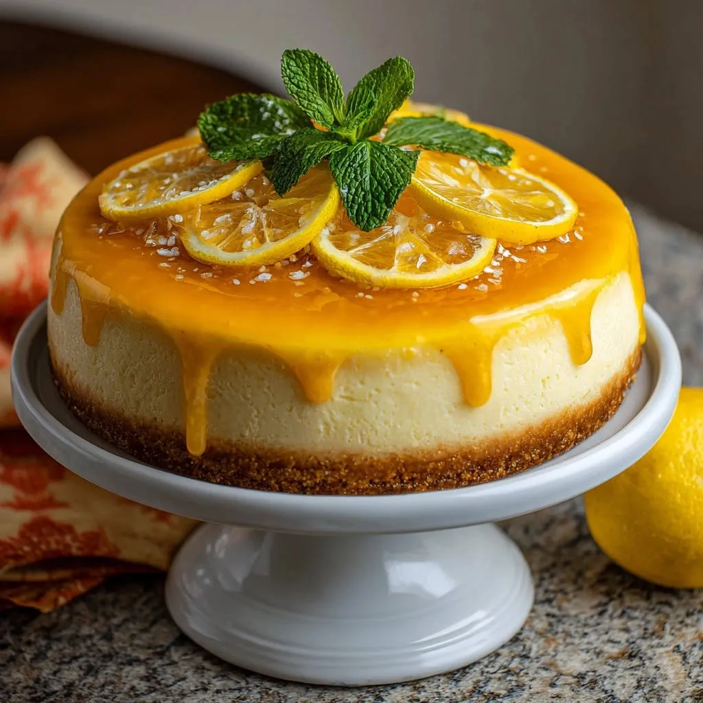 Lemon drizzled baked cheesecake topped with lemon slices and mint, shown from a side-view with glaze dripping down the sides.