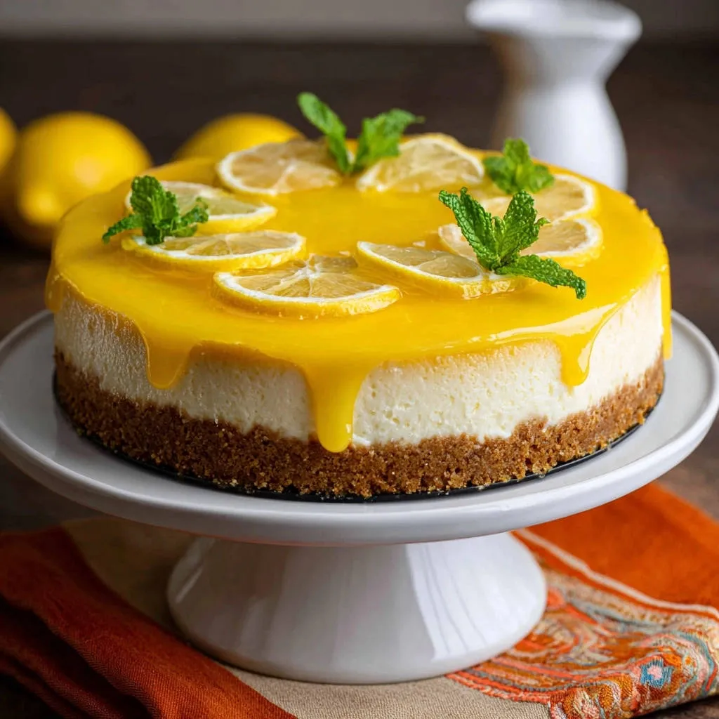 Lemon drizzled baked cheesecake with glossy lemon glaze, candied lemon slices, and mint garnish.