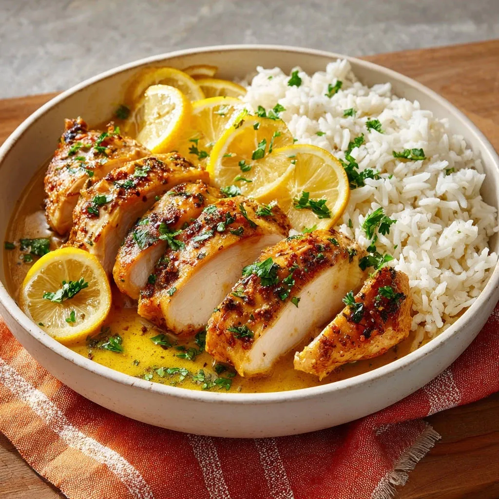 Juicy lemon herb chicken, sliced to reveal a tender cross-section, served with rice and lemon slices.