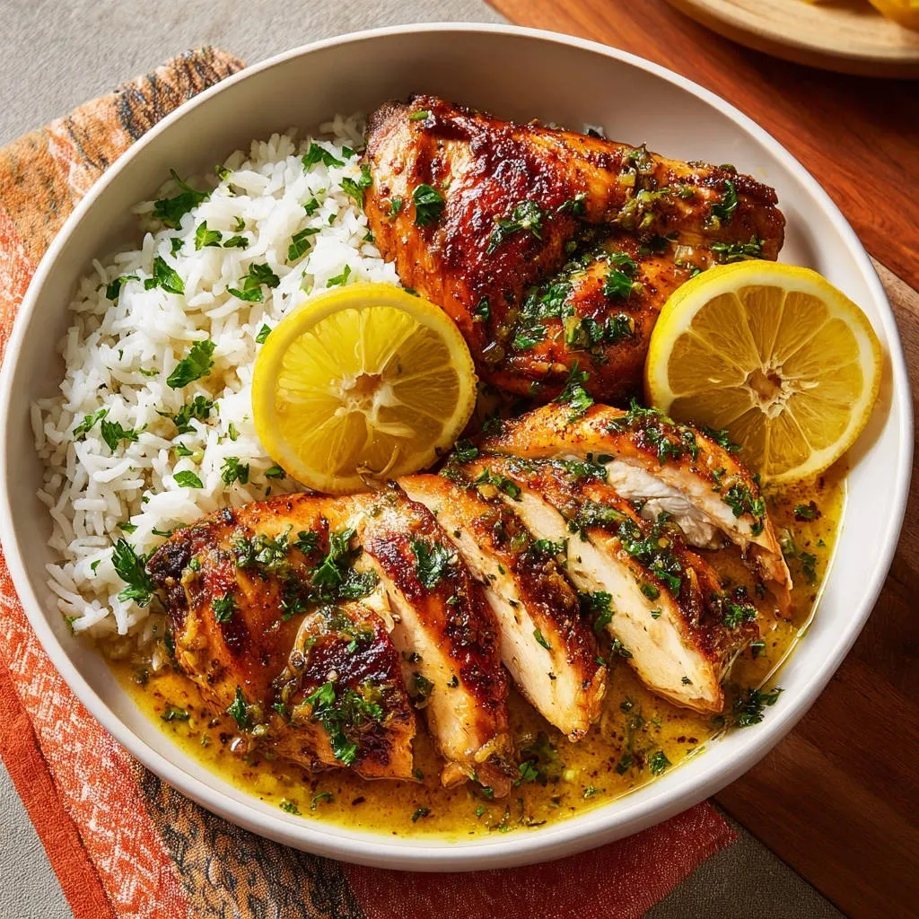 Juicy lemon herb chicken sliced to reveal a tender cross-section, served with rice and lemon.