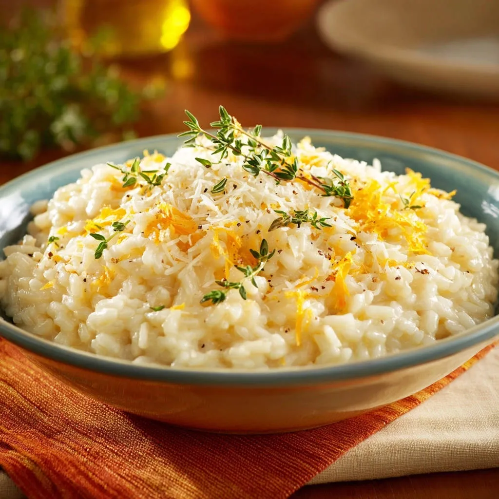 Lemon thyme risotto in a bowl, garnished with fresh herbs, grated cheese, and zest.